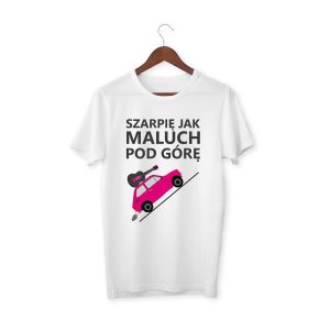 Koszulka biała "Szarpię jak maluch pod górę" - gitara akustyczna